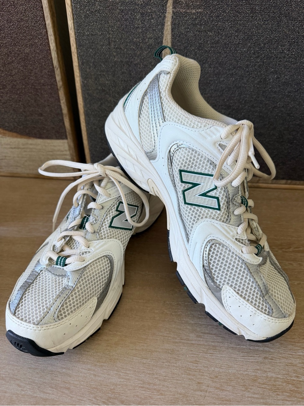 New Balance 530 White Mesh Running Sneakers in Sea Salt White/Marsh Green